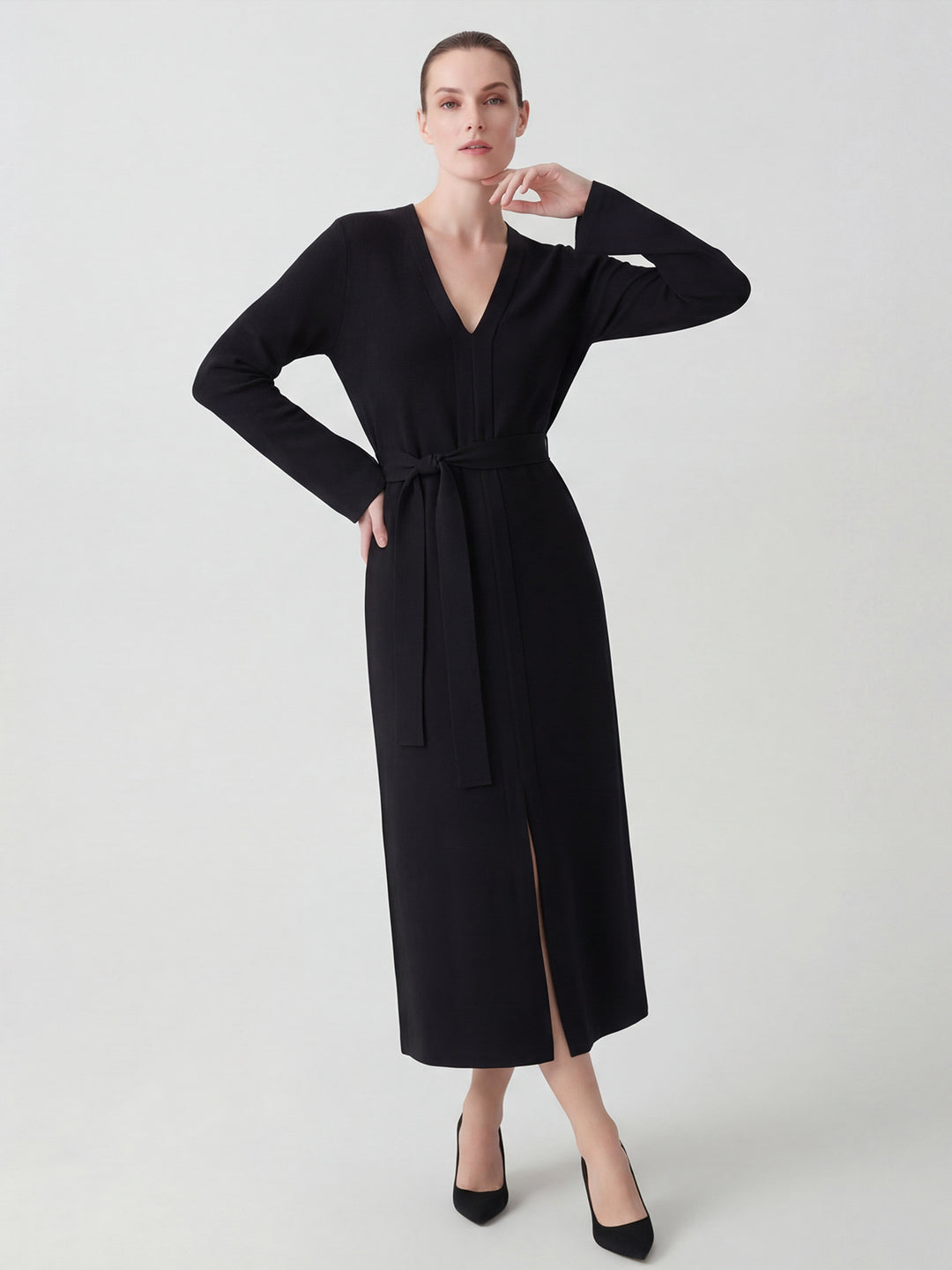 Damen Elegantes V-Ausschnitt Langarm Midi Kleid Shop Nory