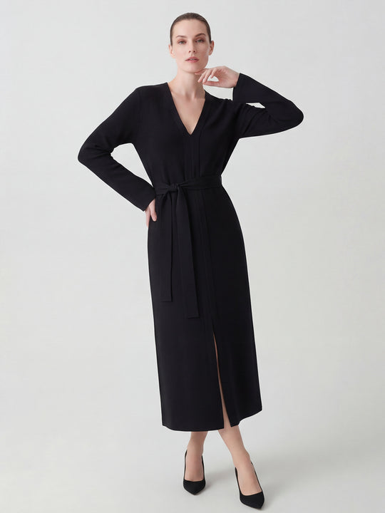 Damen Elegantes V-Ausschnitt Langarm Midi Kleid Shop Nory
