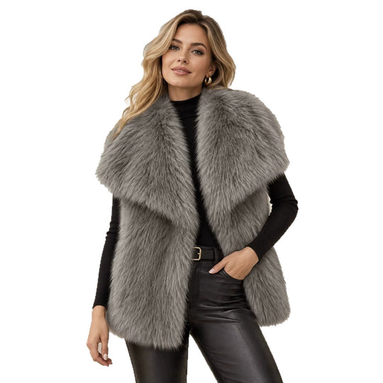 Damen Ärmellose Hochflor‑Kunstfellweste mit voluminösem Schalkragen und Eingrifftaschen Shop Nory