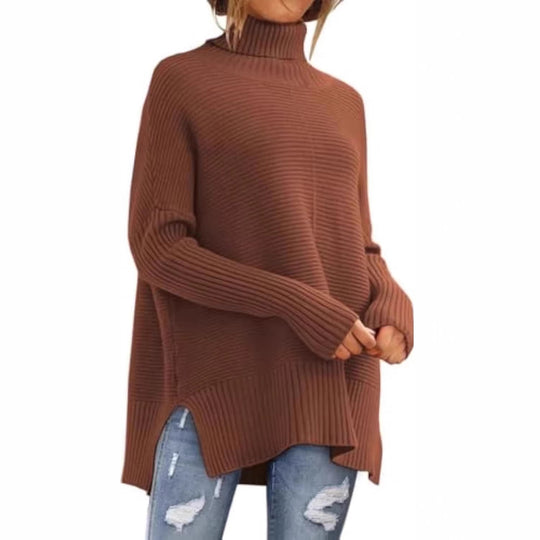 Damen Oversize-Rippenstrick Rollkragenpullover mit Seitenschlitzen und verlängertem Saum Shop Nory