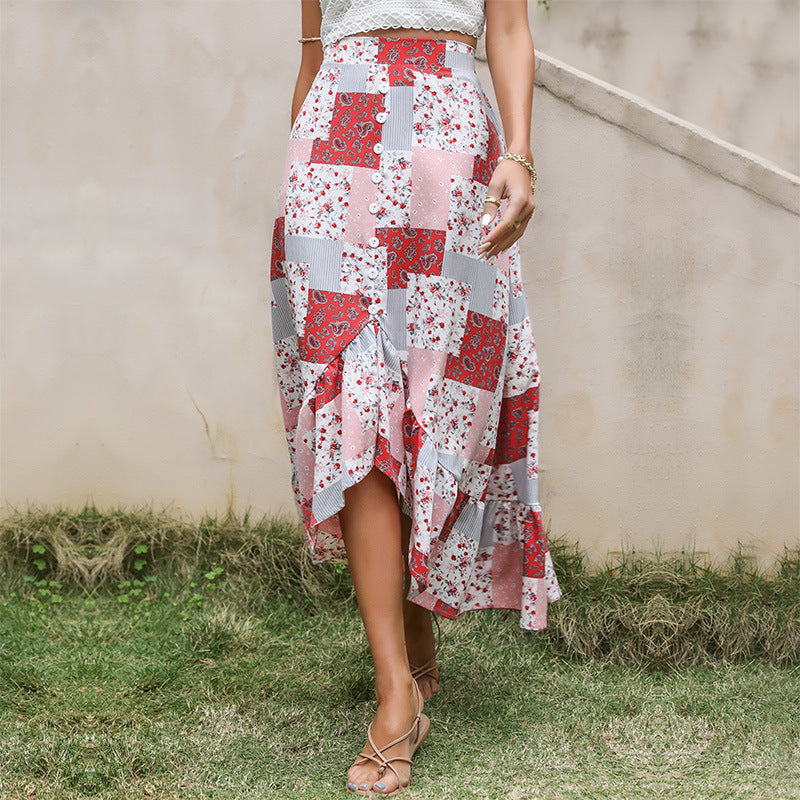 Damen Patchwork-Midirock mit Knopfleiste und asymmetrischem Volant Shop Nory