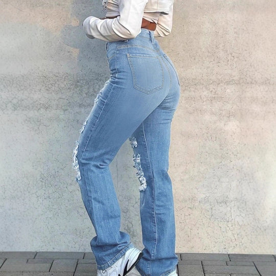 Damen hochtaillierte zerrissene Flared-Jeans mit formendem Komfortbund Shop Nory