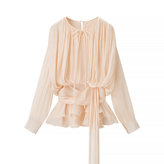 Damen Chiffon-Bluse mit drapierter Korsagen-Optik, Volant‑Peplum und Bindegürtel Shop Nory