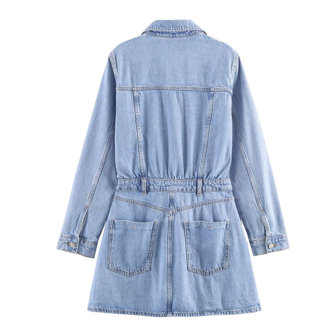 Damen Tailliertes Jeanskleid mit Bindegürtel, Hemdblusenkragen und Pattentaschen Shop Nory