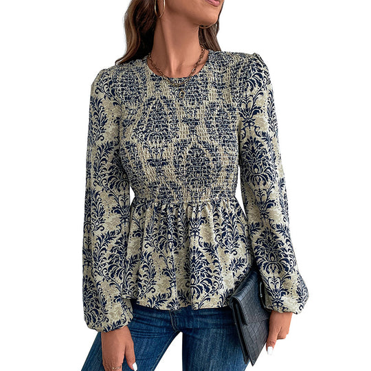 Damen Gerafftes Smock-Blusenshirt mit Peplum und voluminösen Puffärmeln Shop Nory