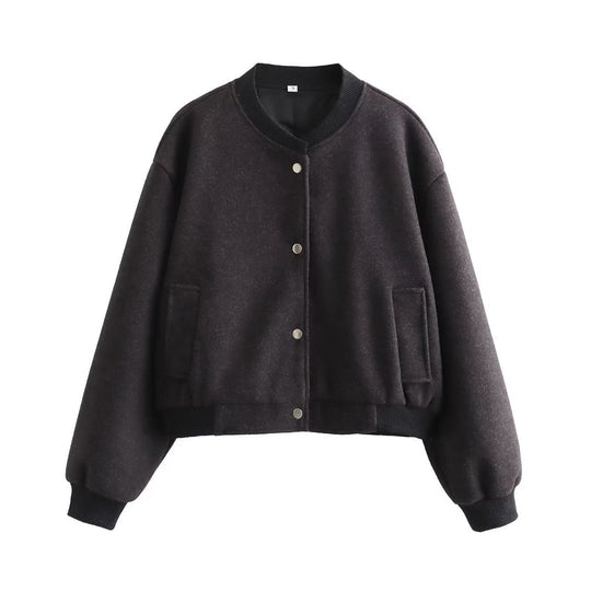 Damen Kurzgeschnittene Wollmix Bomberjacke mit Druckknöpfen und Rippbündchen Shop Nory