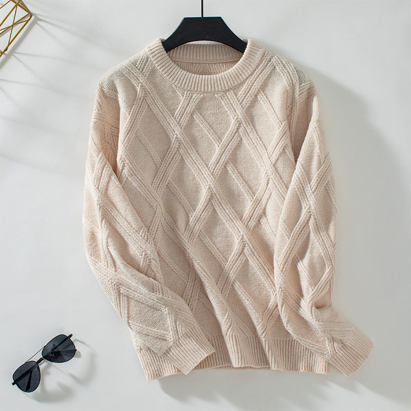 Damen nan grobstrukturierter Strickpullover mit großem Rautenmuster, geripptem Saum und Rundhalsausschnitt Shop Nory
