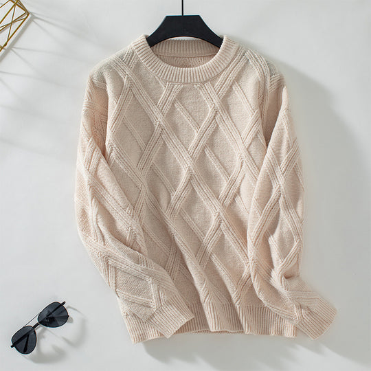 Damen nan grobstrukturierter Strickpullover mit großem Rautenmuster, geripptem Saum und Rundhalsausschnitt Shop Nory