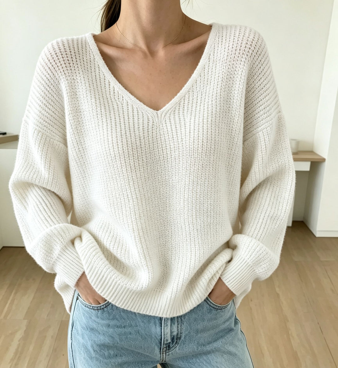 Damen Lässiger Boxy-Grobstrickpullover mit V-Ausschnitt und gerippten Bündchen Shop Nory