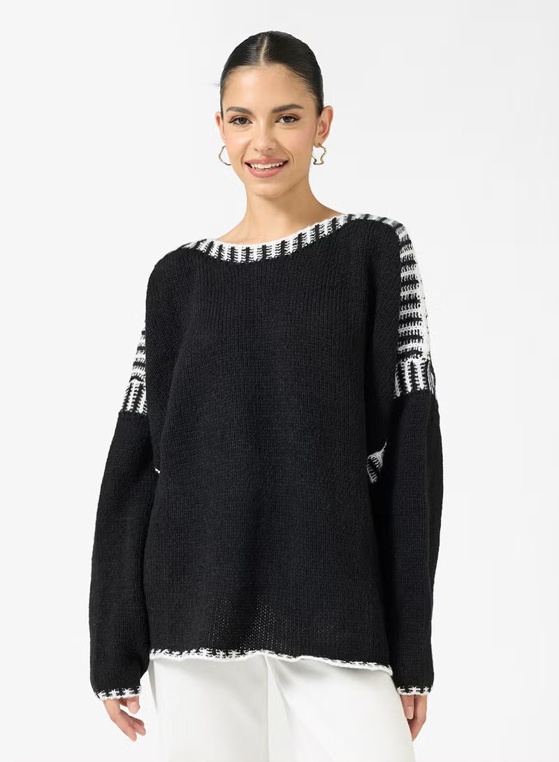 Damen Oversize Grobstrickpullover mit Kontraststreifen an Schultern und Saum Shop Nory