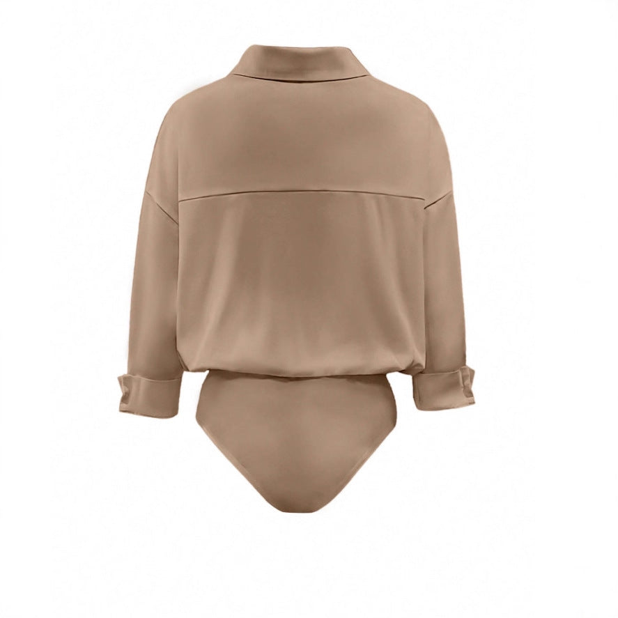 Damen Eleganter Hemdblusen-Body mit V-Ausschnitt, Oversize‑Schnitt und Umschlagmanschetten Shop Nory
