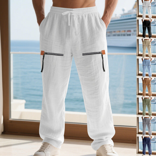 Herren Lässige Leinenoptik-Freizeithose mit elastischem Bund, Tunnelzug & Reißverschluss-Cargotaschen Shop Nory