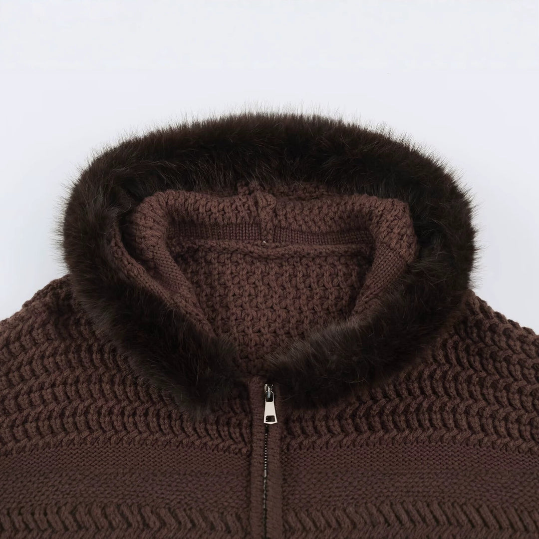 Damen Strickjacke mit durchgehendem Reißverschluss und kuscheligem Kunstpelzkragen Shop Nory