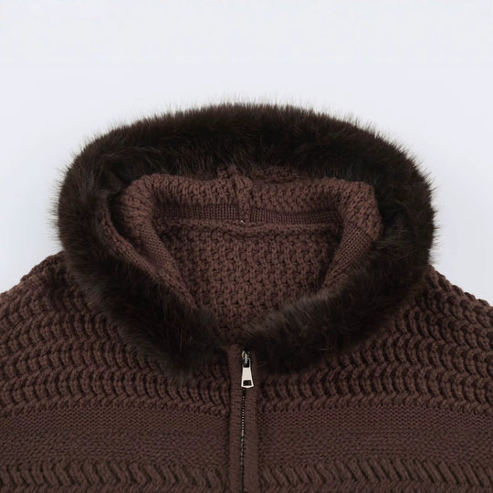 Damen Strickjacke mit durchgehendem Reißverschluss und kuscheligem Kunstpelzkragen Shop Nory