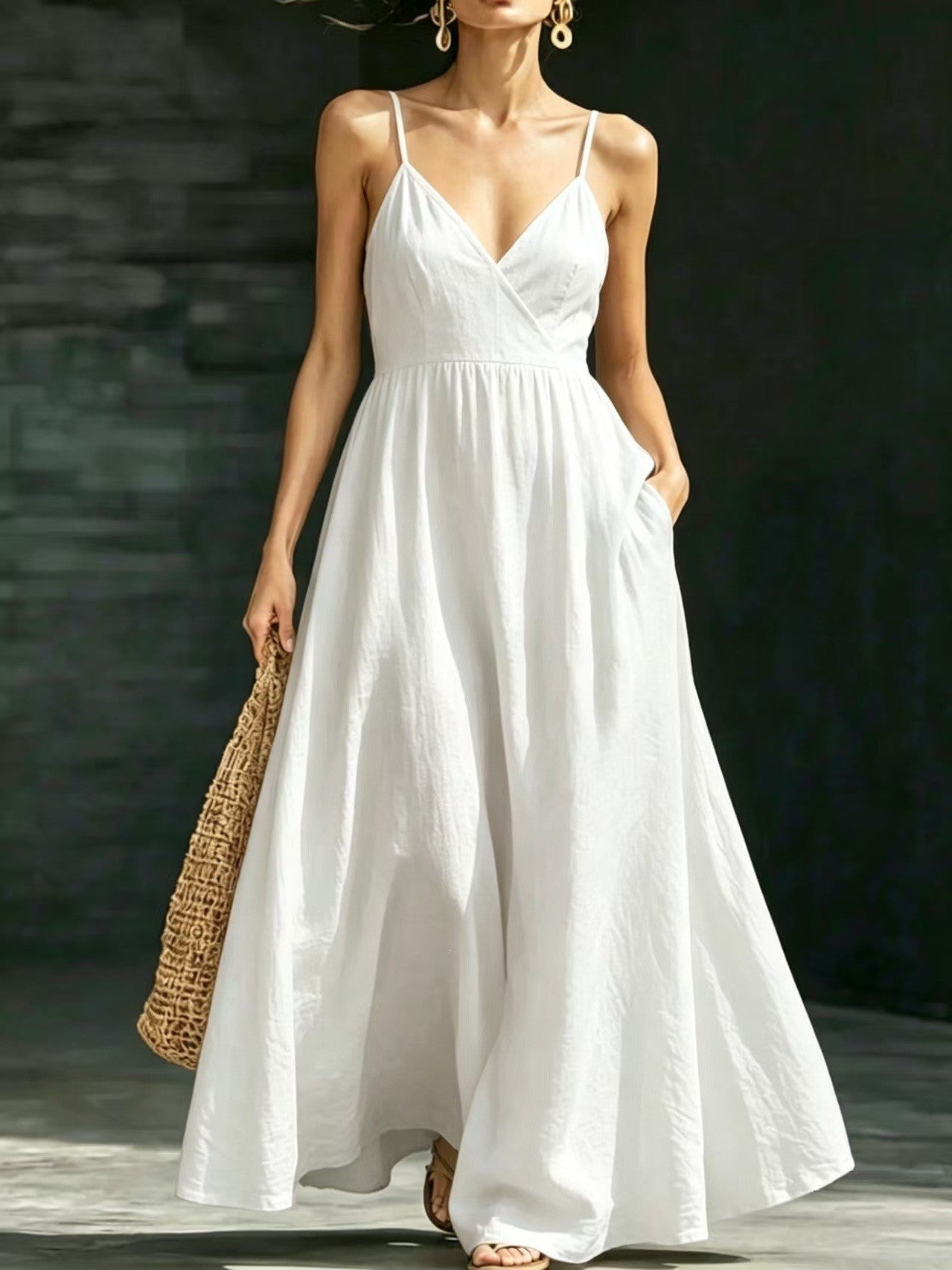 Damen Sommerkleid Midikleid Spaghettiträger V-Ausschnitt