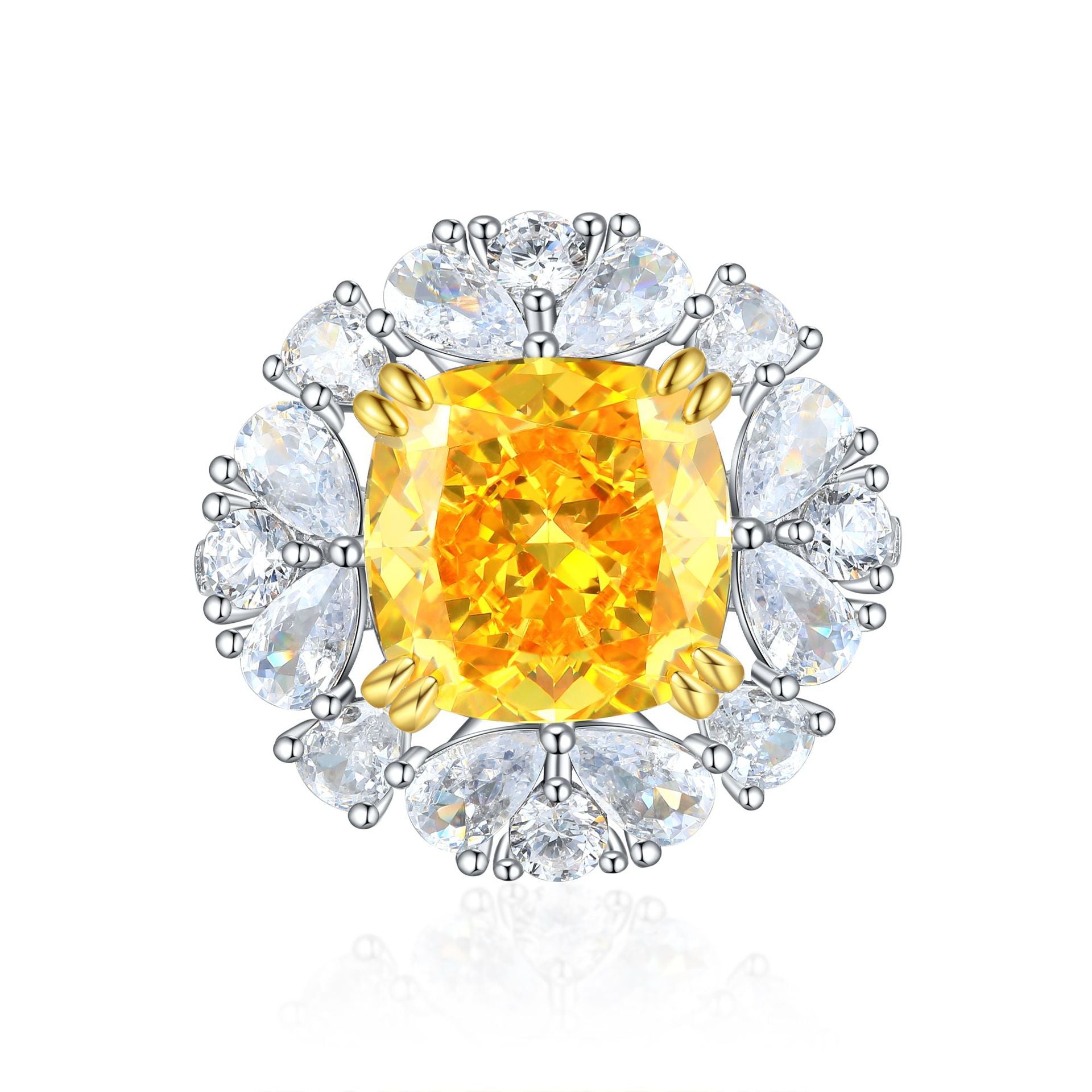 Damen eleganter Ring mit strahlendem gelben Hauptstein und hochwertigem Zirkonia-Besatz Shop Nory