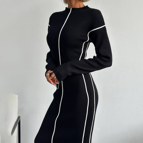 Damen schlankes Midikleid mit Stehkragen, vertikalen Kontrastnähten und Langarm-Rippstrick Shop Nory
