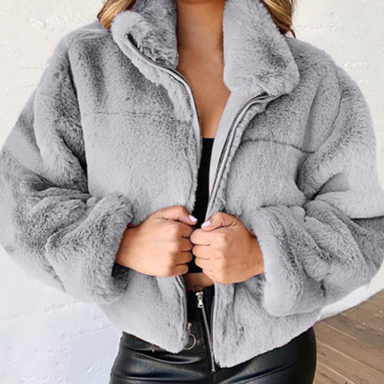 Damen nan kurze kuschelige Kunstpelzjacke mit Stehkragen und Reißverschluss Shop Nory