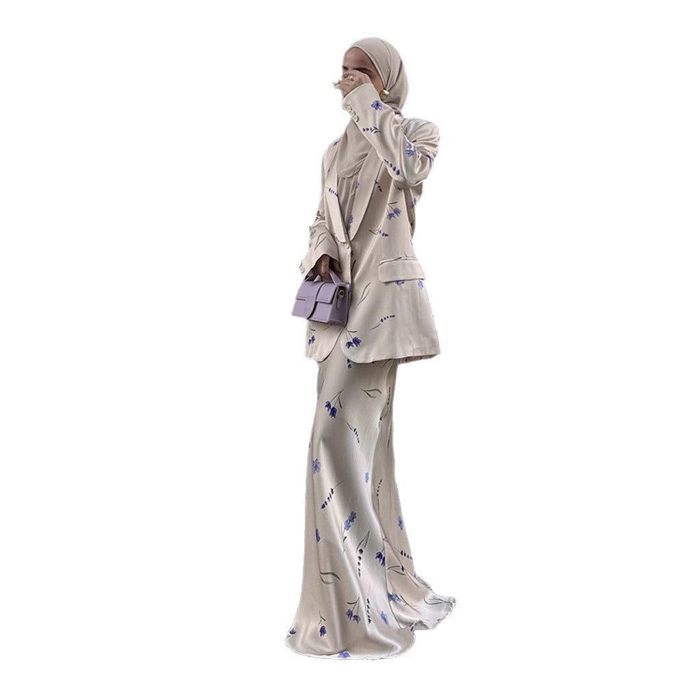 Damen Zweiteiliger Satin-Anzug mit geblümtem Maxirock und oversized Blazer Shop Nory