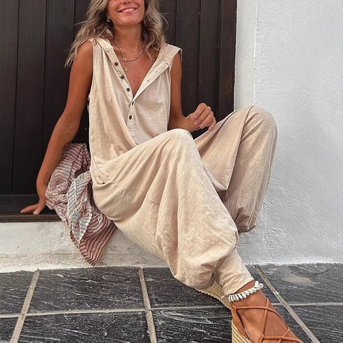 Damen Lässiger Jumpsuit mit Kapuze und Knopfverschluss