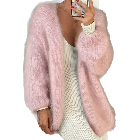 Damen Flauschiger Oversize Mohair-Optik Cardigan mit offenem Schnitt und Ballonärmeln Shop Nory