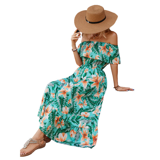 Damen Off-Shoulder Maxikleid mit floralem Design und elastischem Taillenbund