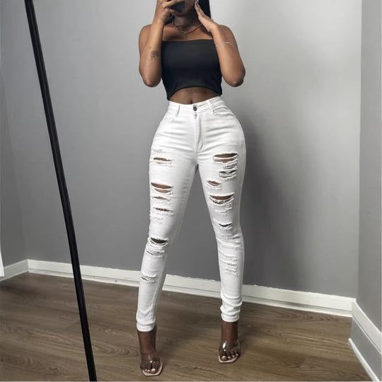 Damen Hochtaillierte Skinny-Jeans mit asymmetrischer Destroy-Optik und formendem Bund Shop Nory