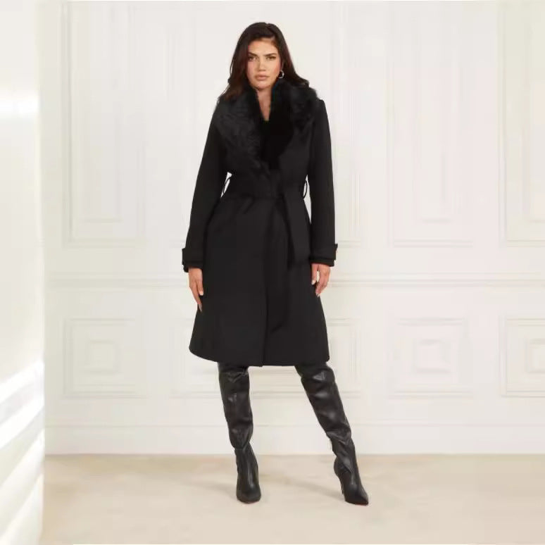 Damen Wollmantel mit abnehmbarem Pelzkragen und Taillengürtel Shop Nory