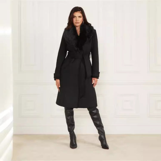Damen Wollmantel mit abnehmbarem Pelzkragen und Taillengürtel Shop Nory