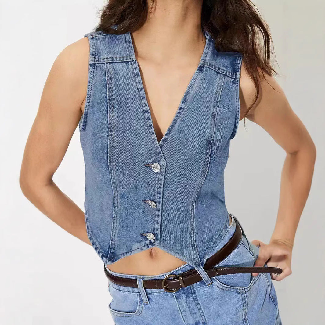 Damen taillierte ärmellose Jeansweste mit V-Ausschnitt Shop Nory
