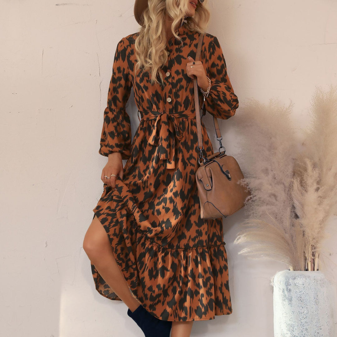 Damen Midikleid mit Animal-Print, Knopfleiste, Taillengürtel und Stufenrock Shop Nory