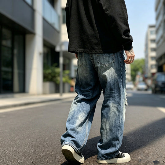 Herren Lässige Weit Geschnittene Ripped Jeans Shop Nory