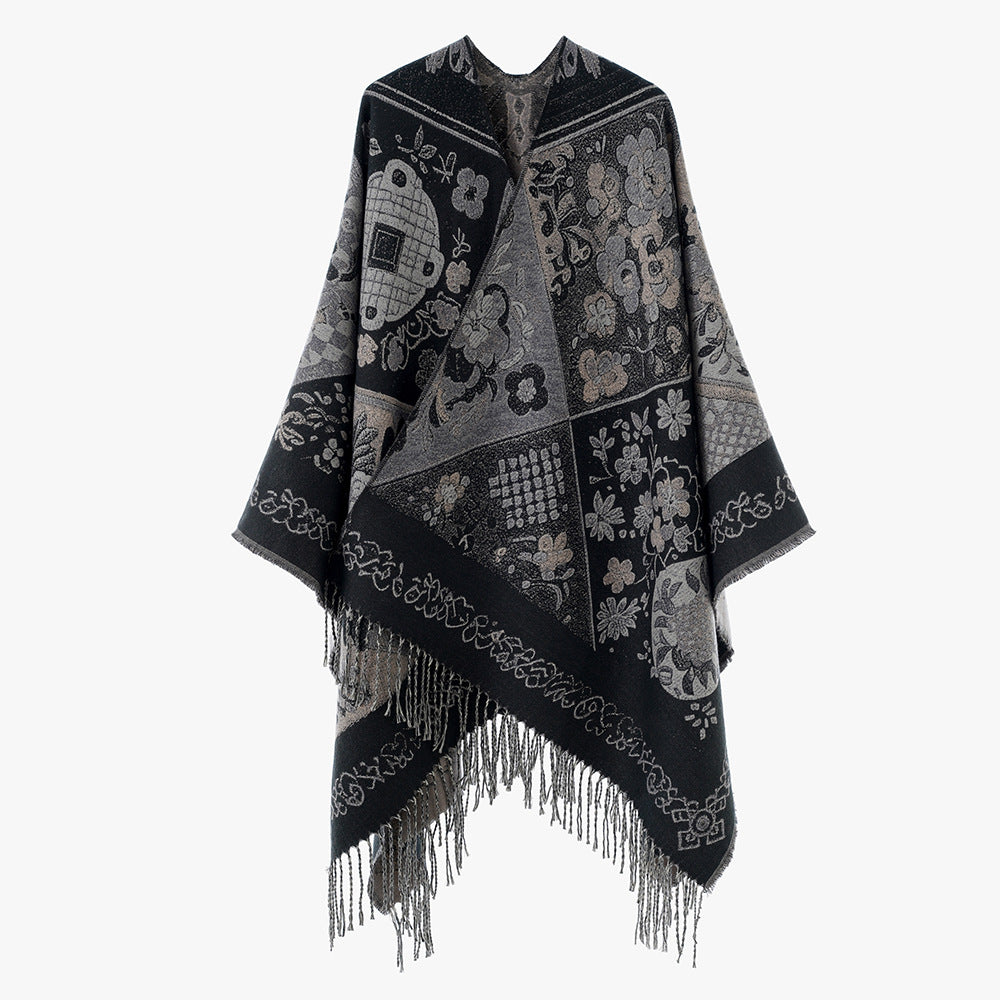 Damen Jacquard-Wollmix-Poncho mit Patchwork‑Blumenmuster und Fransensaum Shop Nory