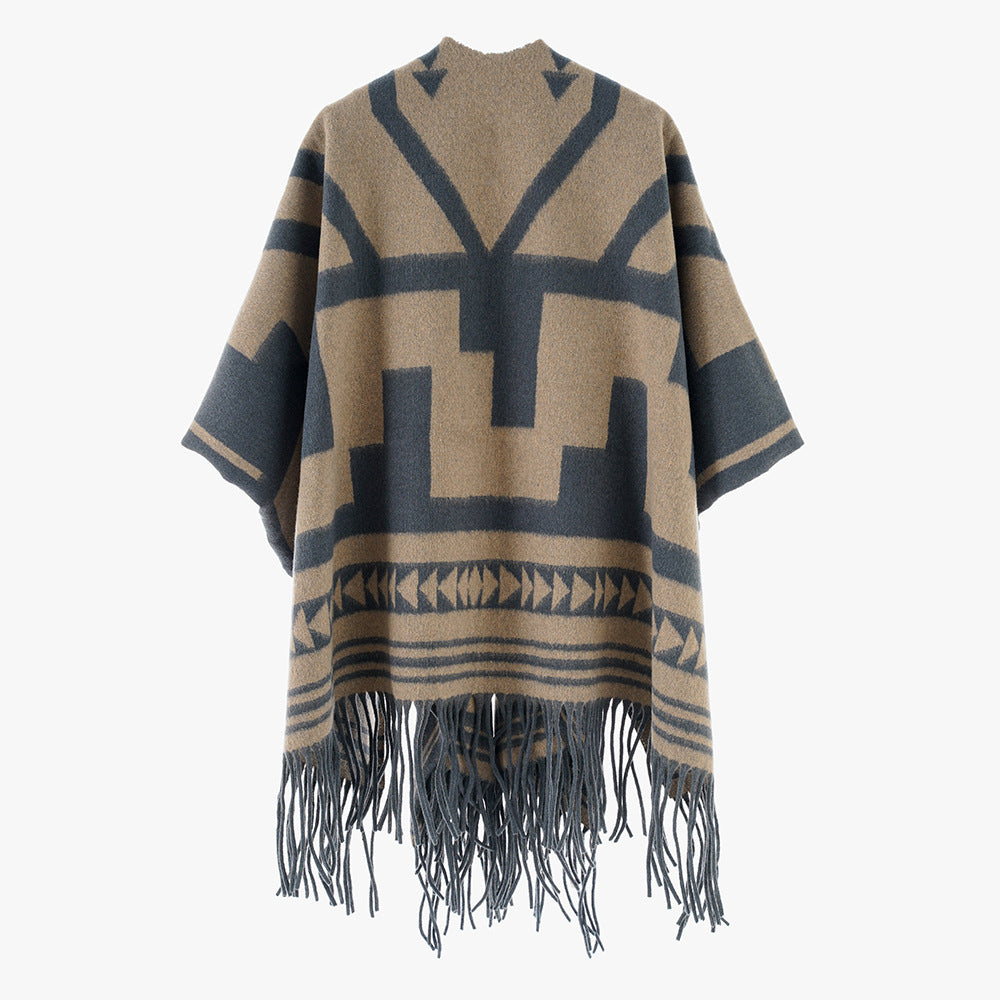 Damen Aztekisch inspirierter Wollmix-Überwurf mit asymmetrischem Fall und Fransensaum Shop Nory