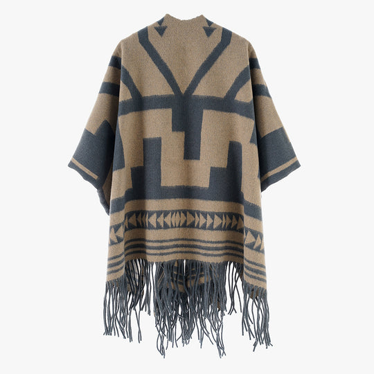Damen Aztekisch inspirierter Wollmix-Überwurf mit asymmetrischem Fall und Fransensaum Shop Nory