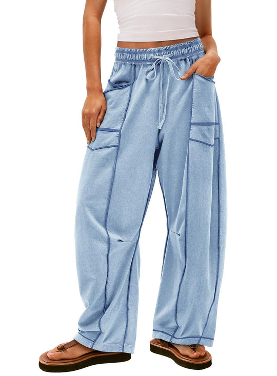 Damen weite Cargo-Loungehose mit elastischem Bund und Kontrastnähten Shop Nory