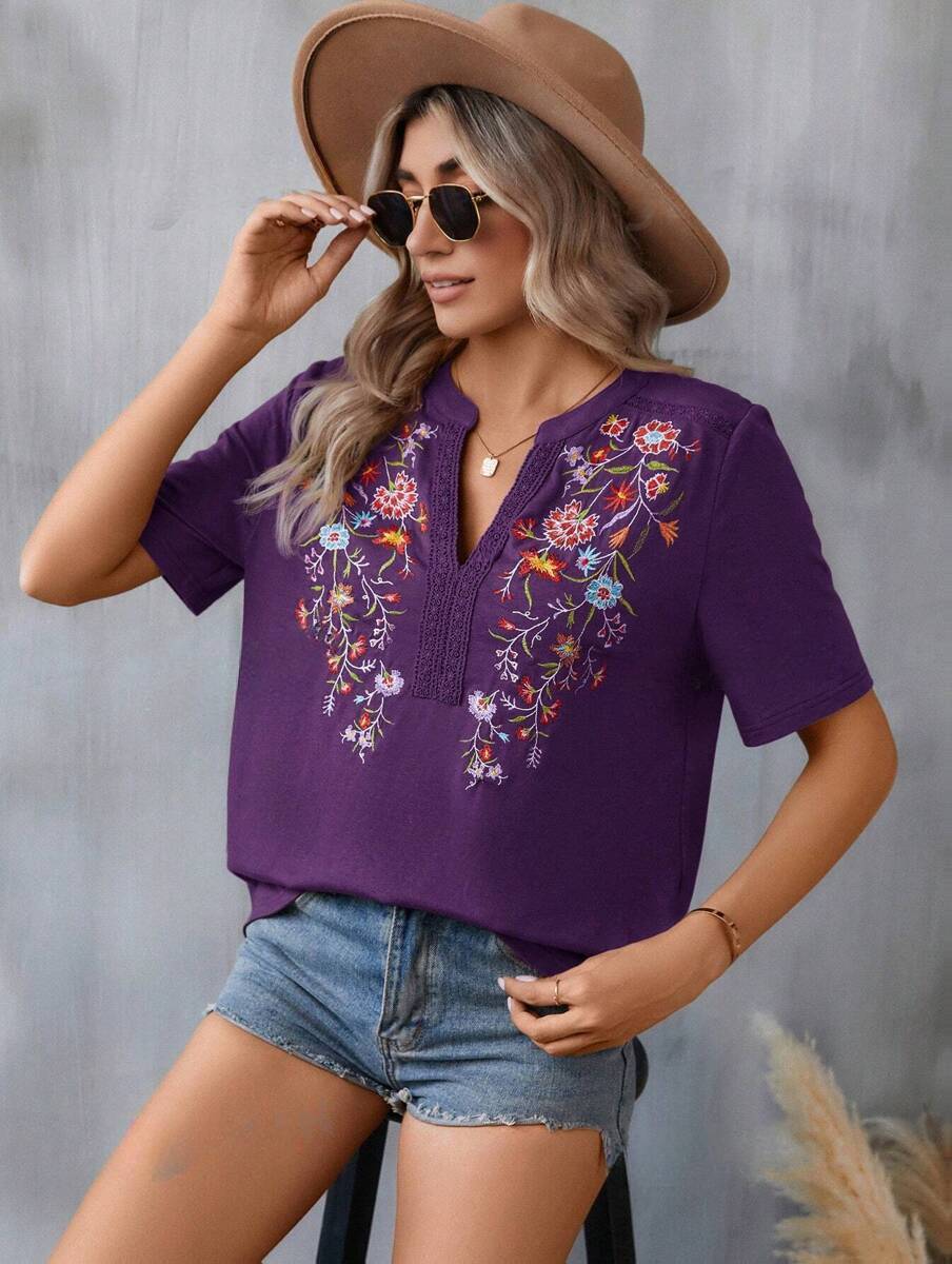 Damen bestickte Boho-Tunika mit tiefem Ausschnitt und Spitzenbesatz Shop Nory