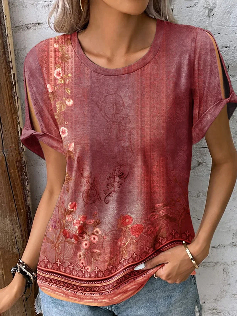 Damen T-Shirt mit floralem Muster und cut-out Ärmeln