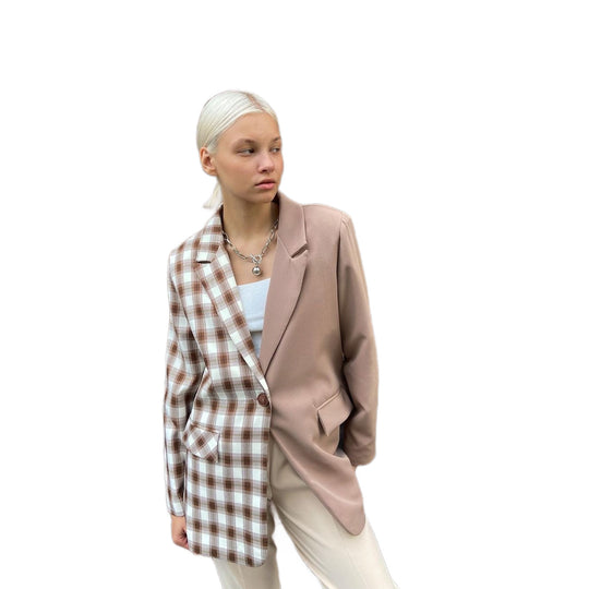 Damen Zweifarbiger Oversize-Blazer mit Karomuster und Reverskragen Shop Nory