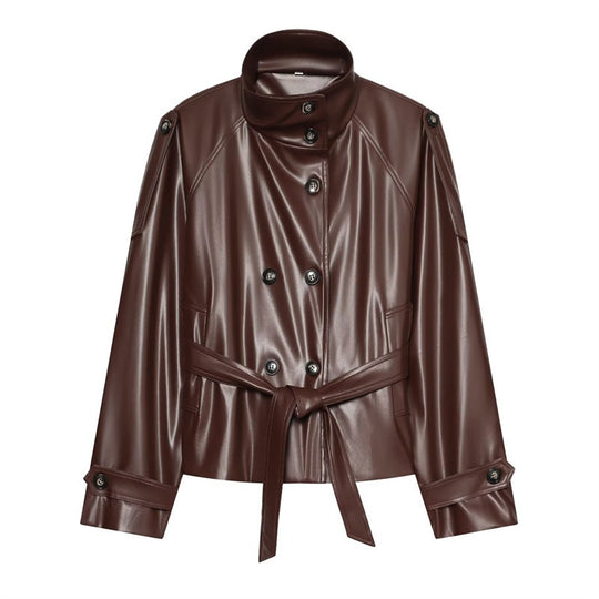 Damen taillierte Kunstlederjacke mit Stehkragen, Bindegürtel und doppelreihiger Knopfleiste Shop Nory