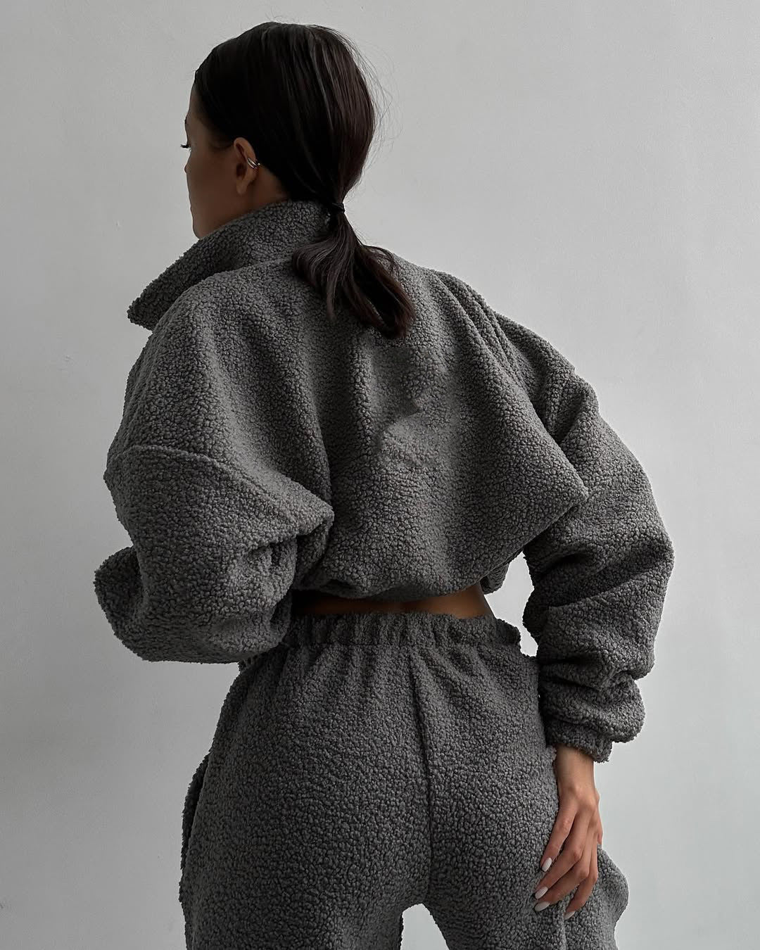 Damen Teddy-Fleece-Loungewear Set mit halbem Reißverschluss elastischem Tunnelzugbund und weitem Bein Shop Nory