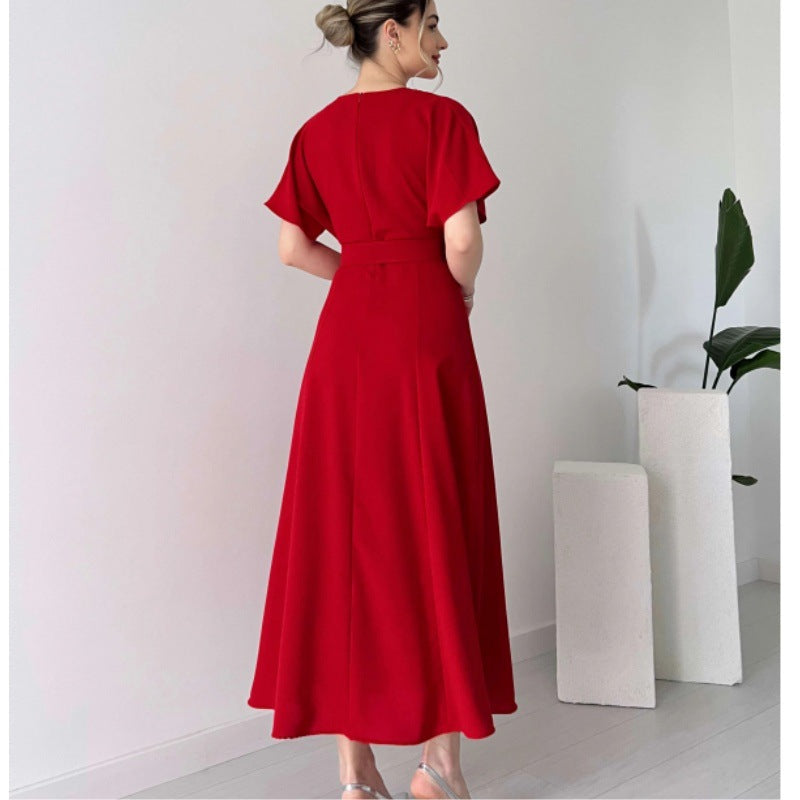 Damen Maxikleid mit Taillengürtel und puffärmeln Shopnory
