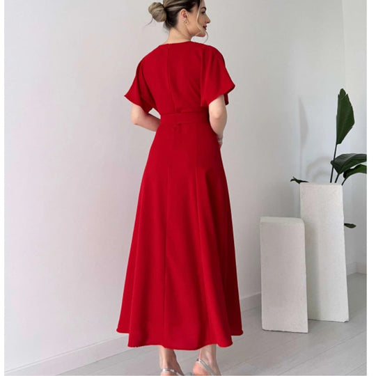 Damen Maxikleid mit Taillengürtel und puffärmeln Shopnory