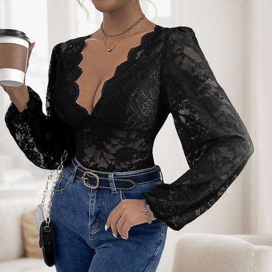 Damen Spitzenbody mit tiefem V‑Ausschnitt, geschwungenem Abschluss und Puffärmeln Shop Nory