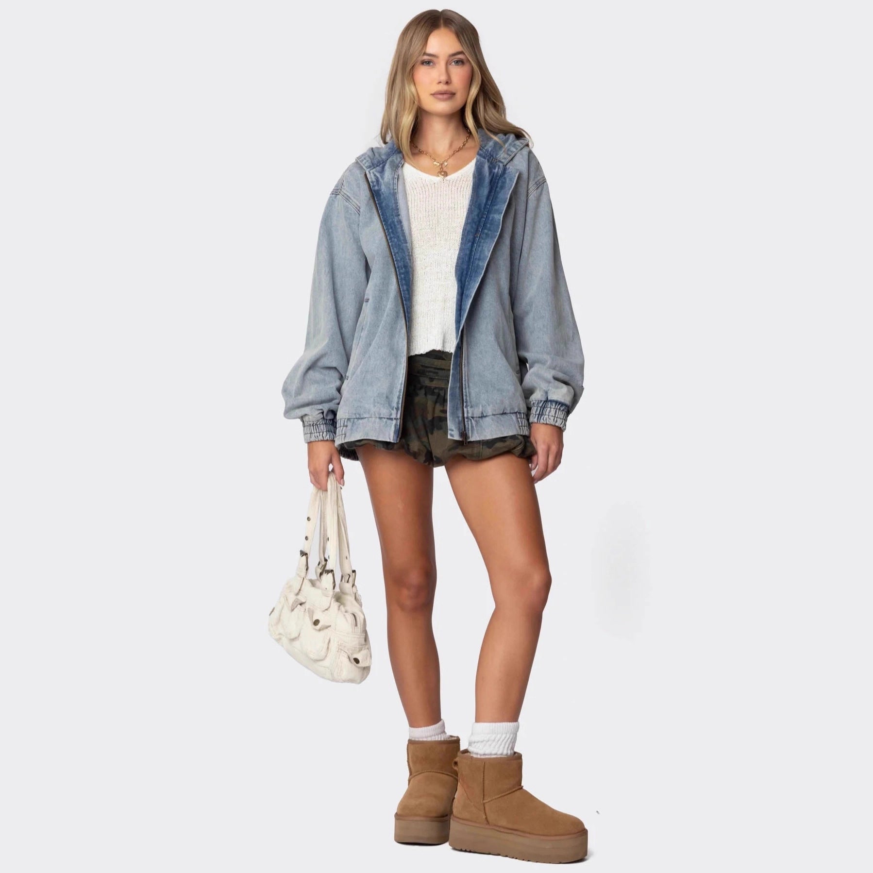 Damen Oversized Denimjacke mit Kapuze und elastischen Bündchen