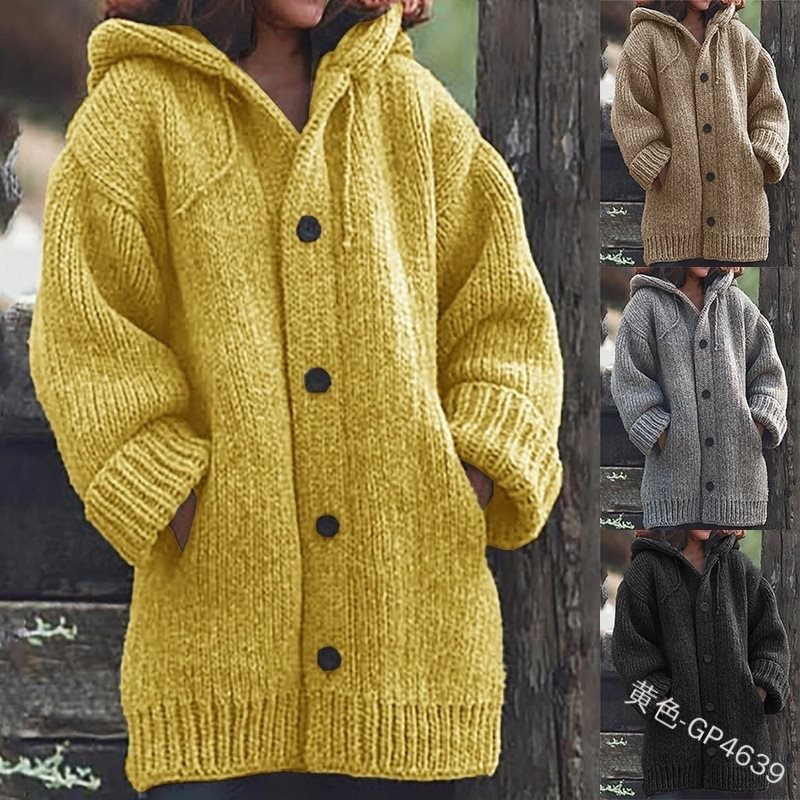 Damen weit geschnittener Kapuzen-Strickmantel mit Knopfleiste und Eingrifftaschen Shop Nory