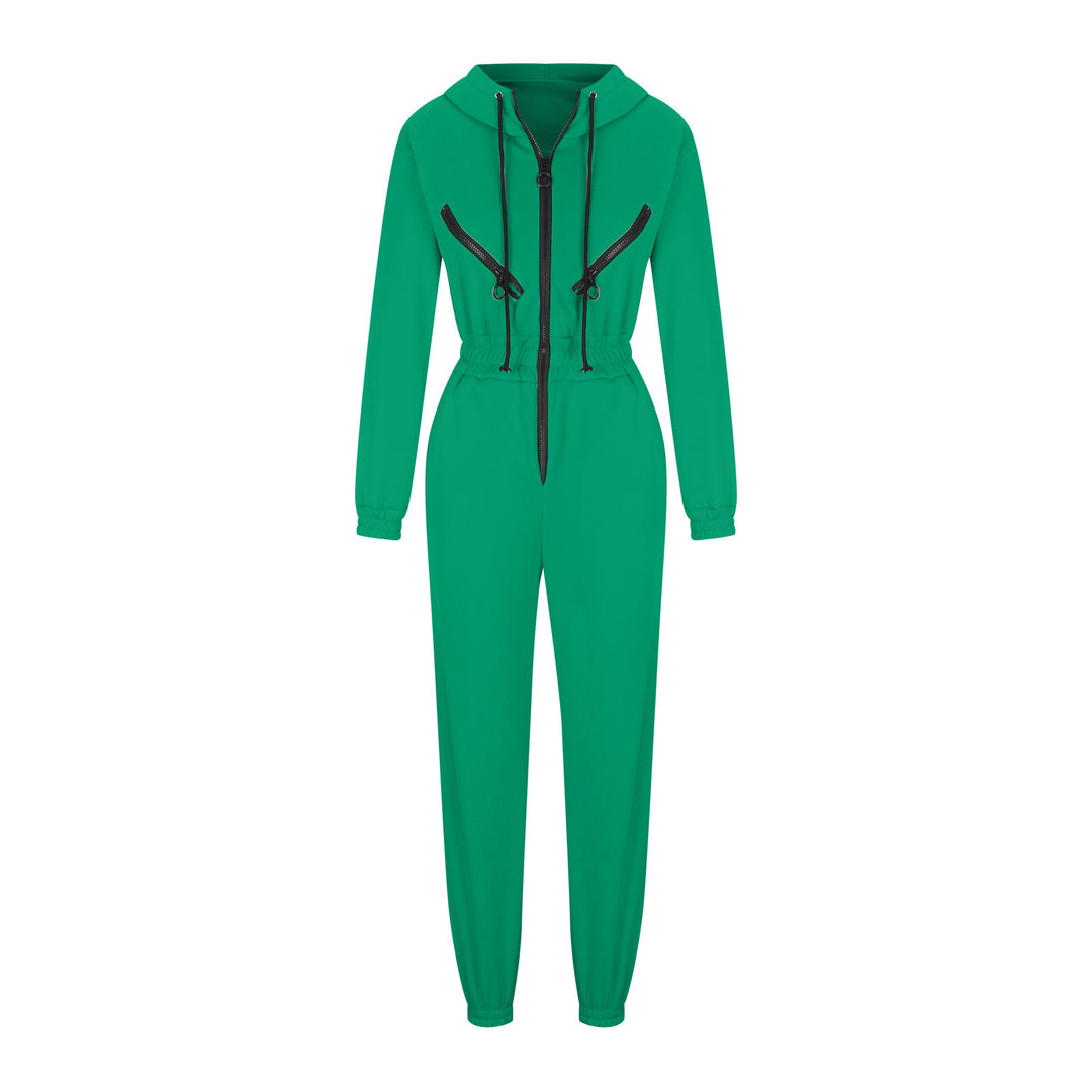 Damen taillierter Kapuzen-Jumpsuit mit elastischem Bund und markanten Kontrast-Reißverschlüssen Shop Nory