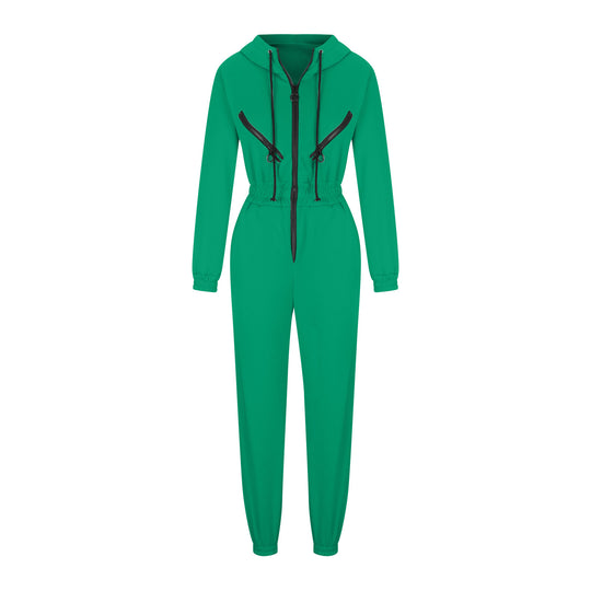 Damen taillierter Kapuzen-Jumpsuit mit elastischem Bund und markanten Kontrast-Reißverschlüssen Shop Nory