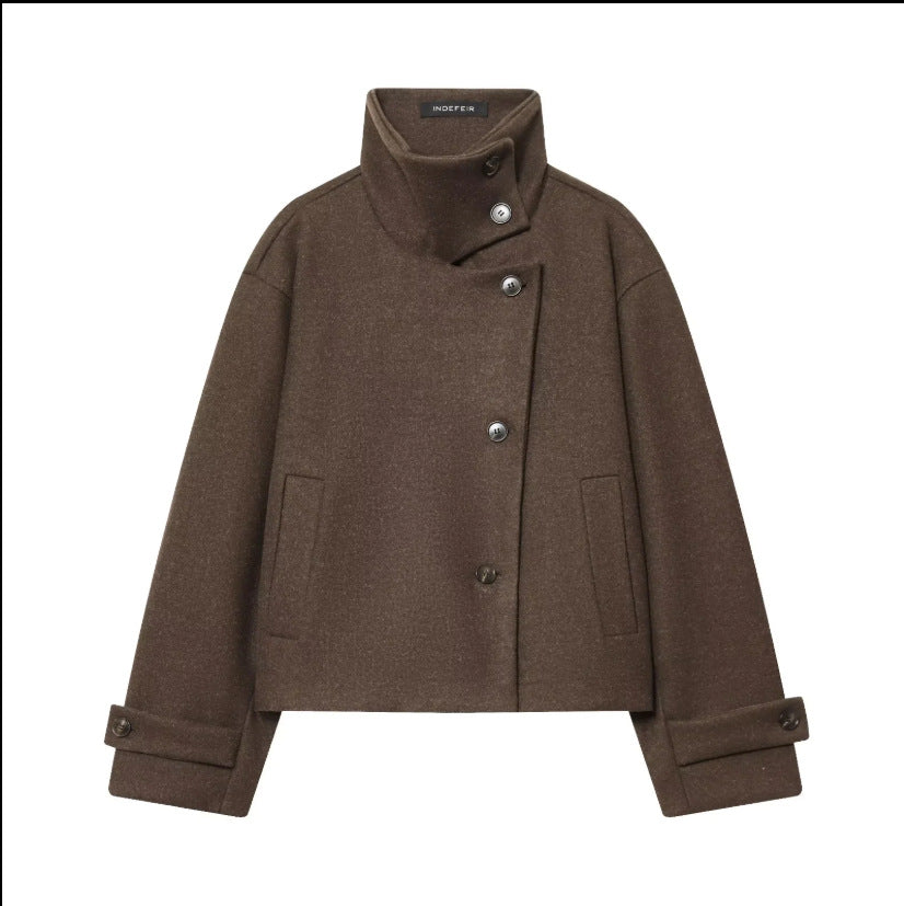 Damen Cropped Wollmix-Kurzjacke mit hohem Stehkragen, asymmetrischer Knopfleiste und Krempelmanschetten Shop Nory