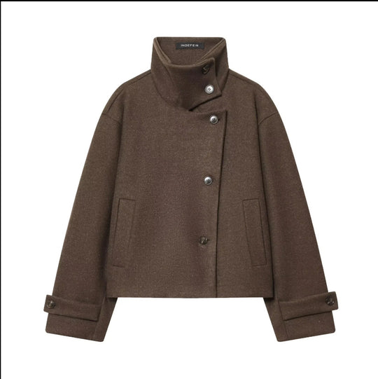 Damen Cropped Wollmix-Kurzjacke mit hohem Stehkragen, asymmetrischer Knopfleiste und Krempelmanschetten Shop Nory